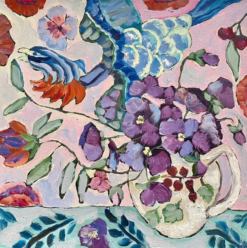 三色紫羅蘭原創油畫布面野獸派藝術馬蒂斯啟發鮮花花束