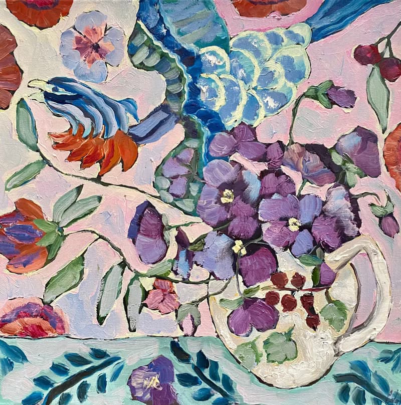 三色紫羅蘭原創油畫布面野獸派藝術馬蒂斯啟發鮮花花束