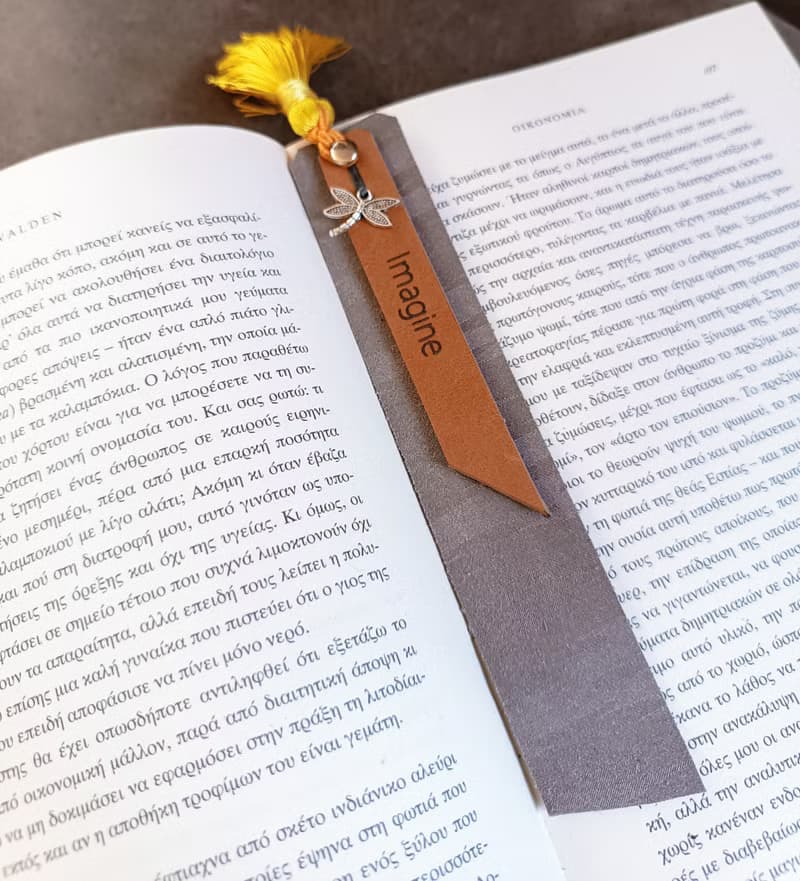 Personalized Leather Bookmark with Silver Dragonfly and Yellow Silk Tassel
