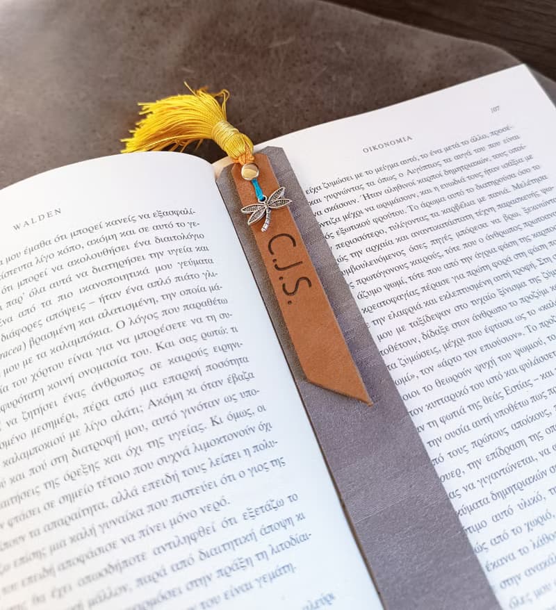Personalized Leather Bookmark with Silver Dragonfly and Yellow Silk Tassel