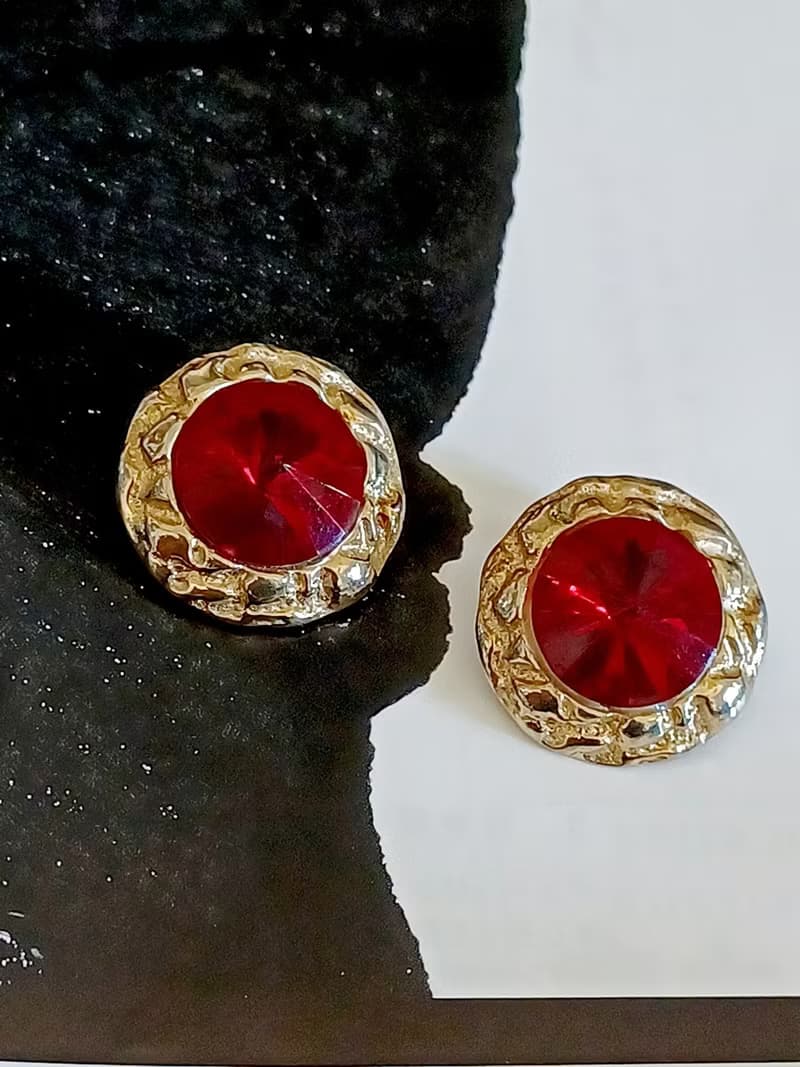 vintage jewelry  艷麗酒紅萊茵尖鑽 夾式耳環