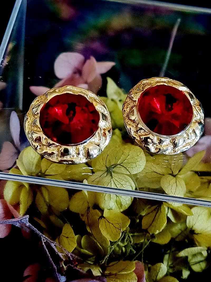 vintage jewelry  艷麗酒紅萊茵尖鑽 夾式耳環