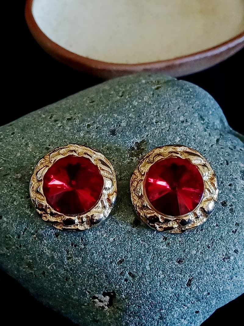 vintage jewelry  艷麗酒紅萊茵尖鑽 夾式耳環