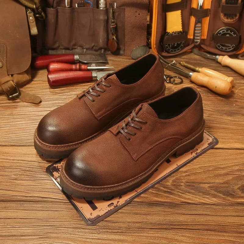 休閒磨砂大頭皮鞋 男士工裝鞋 復古英倫風厚底德比鞋