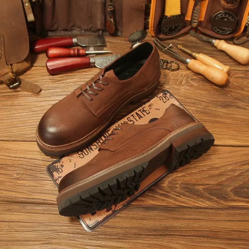 休閒磨砂大頭皮鞋 男士工裝鞋 復古英倫風厚底德比鞋