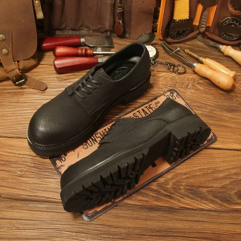 休閒磨砂大頭皮鞋 男士工裝鞋 復古英倫風厚底德比鞋