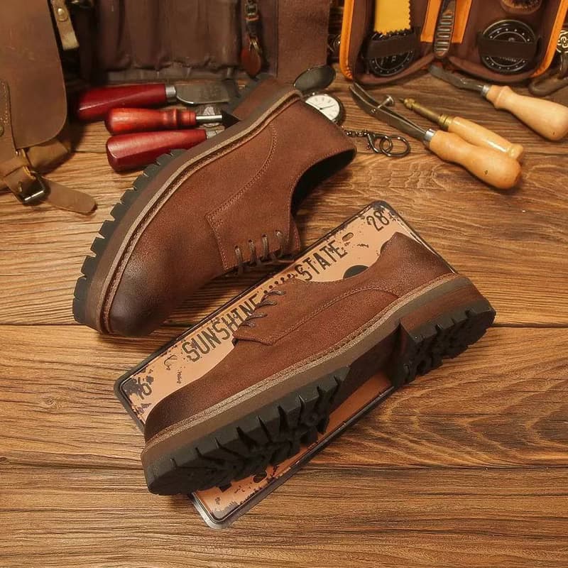 休閒磨砂大頭皮鞋 男士工裝鞋 復古英倫風厚底德比鞋