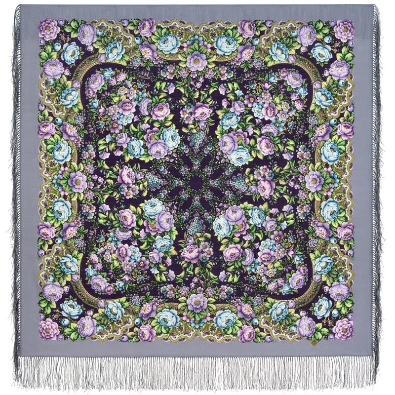 Pavlovo Posad Russian Shawl 100% Wool Scarf 125x125 cm Wrap Silk Fringe 2000-1