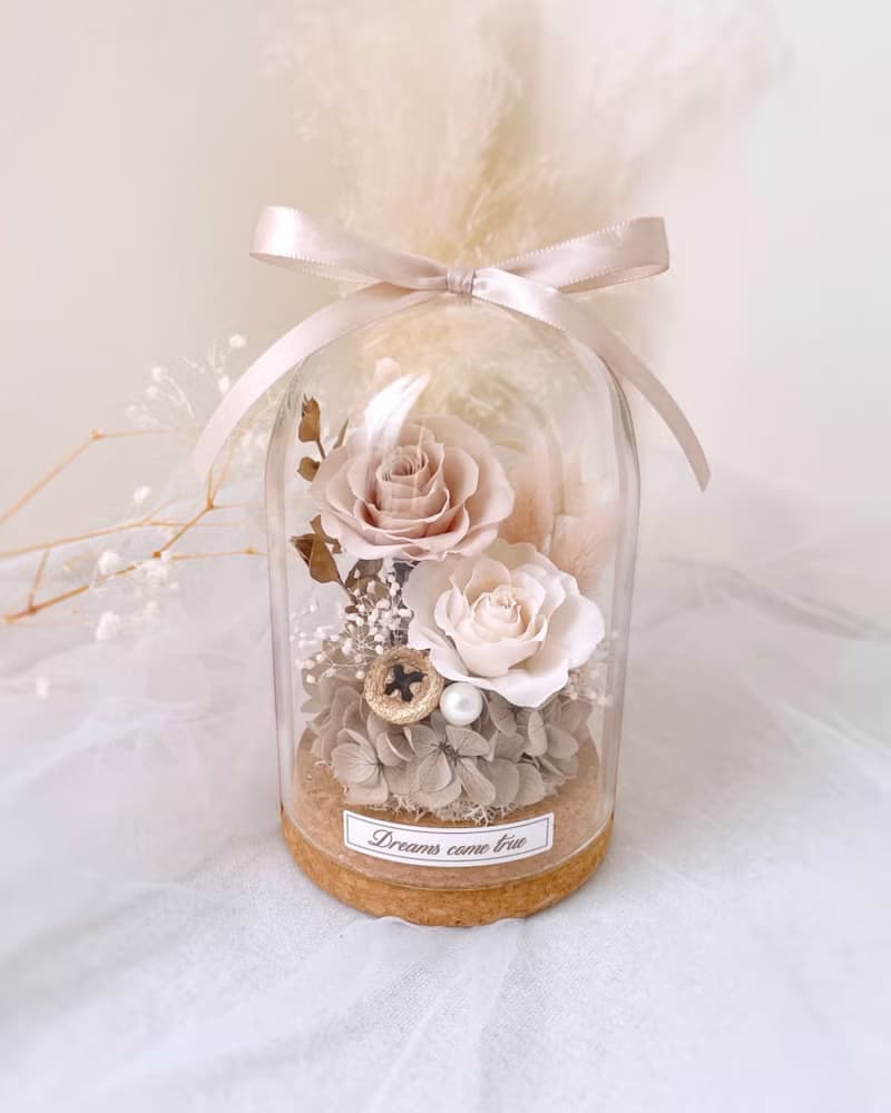 永生花玻璃盅-溫柔奶茶 l 不凋花玻璃盅 日本玫瑰 情人節禮物