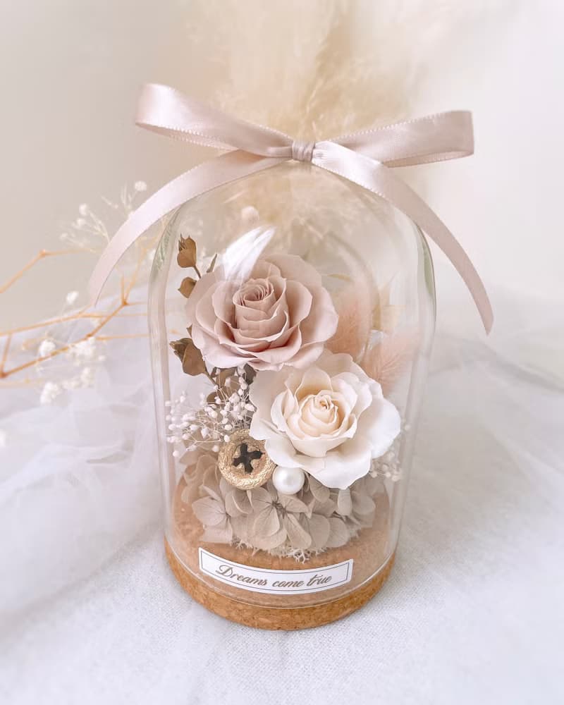 永生花玻璃盅-溫柔奶茶 l 不凋花玻璃盅 日本玫瑰 情人節禮物