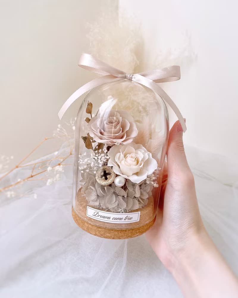 永生花玻璃盅-溫柔奶茶 l 不凋花玻璃盅 日本玫瑰 情人節禮物