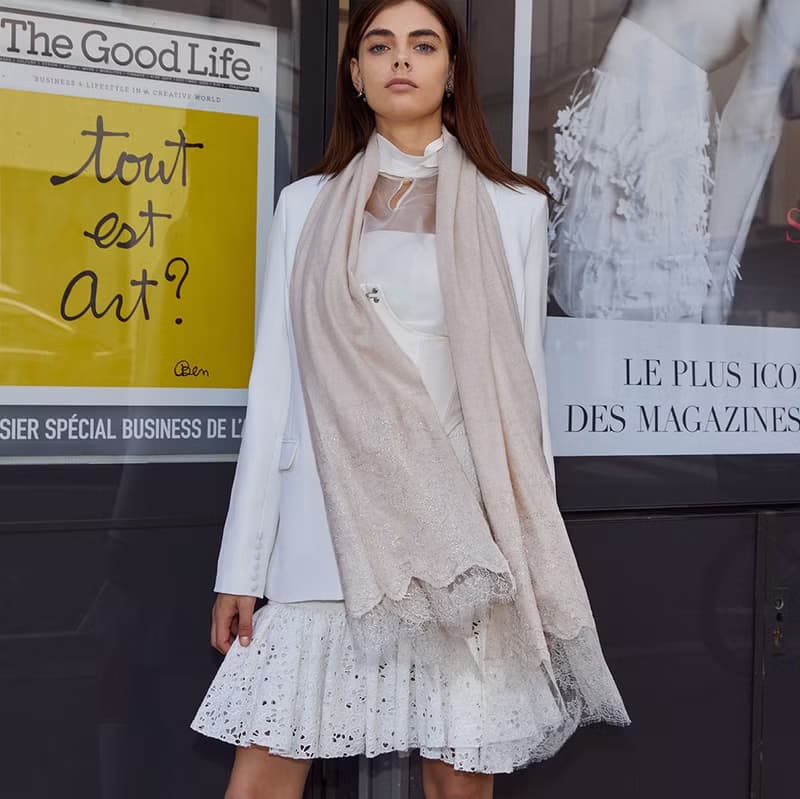 【輕奢】Clotho晨光童話法國蕾絲純羊絨Cashmere圍巾