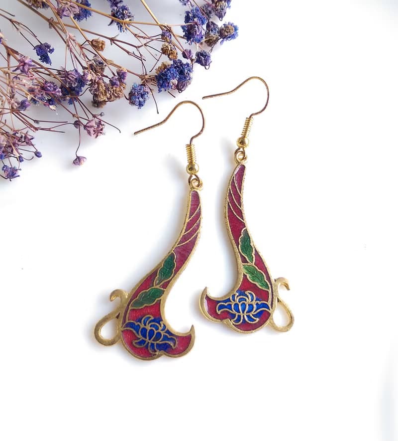 Vintage Jewelry 西洋古董飾品 捲曲花卉 景泰藍 耳勾 針式耳環