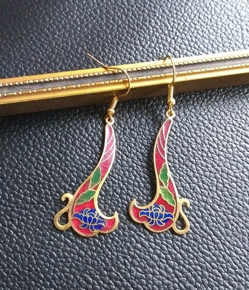 Vintage Jewelry 西洋古董飾品 捲曲花卉 景泰藍 耳勾 針式耳環
