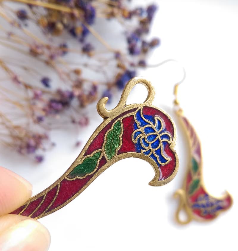 Vintage Jewelry 西洋古董飾品 捲曲花卉 景泰藍 耳勾 針式耳環