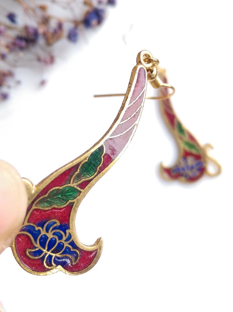 Vintage Jewelry 西洋古董飾品 捲曲花卉 景泰藍 耳勾 針式耳環