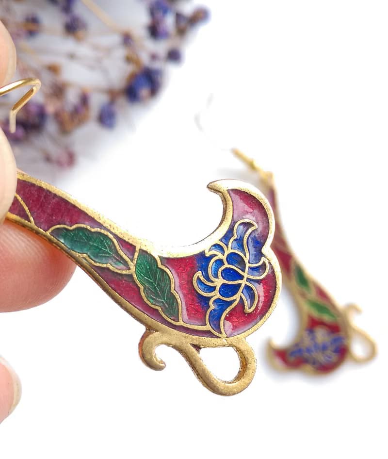 Vintage Jewelry 西洋古董飾品 捲曲花卉 景泰藍 耳勾 針式耳環