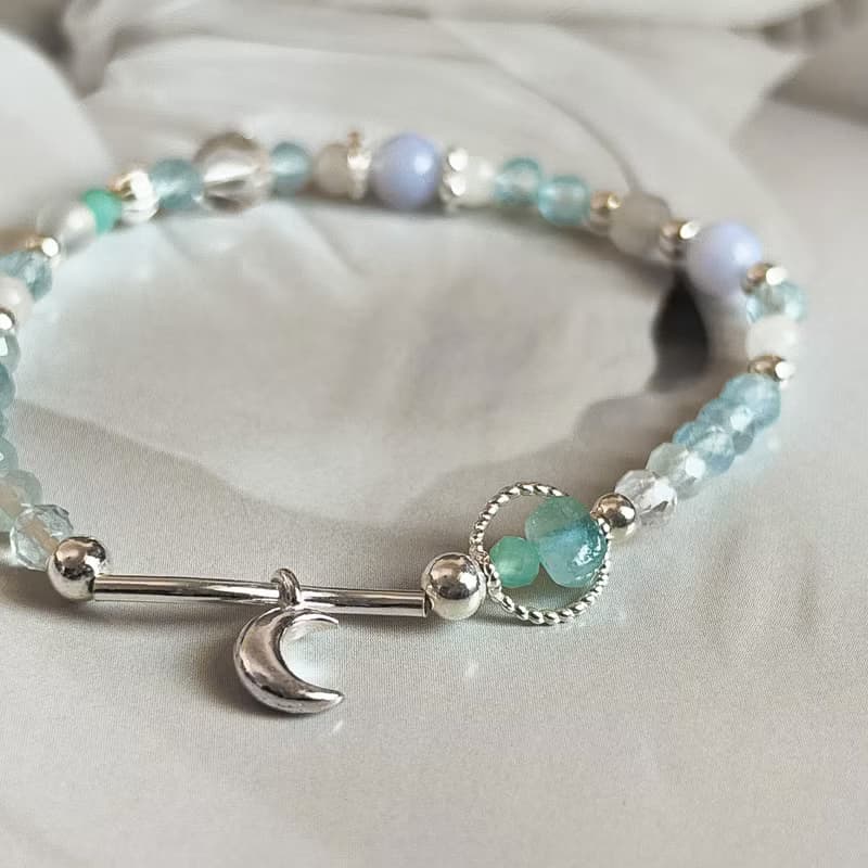 - 月之戀人 -純銀天然水晶手鍊 淡藍系 海藍寶 藍紋瑪瑙 藍托帕石