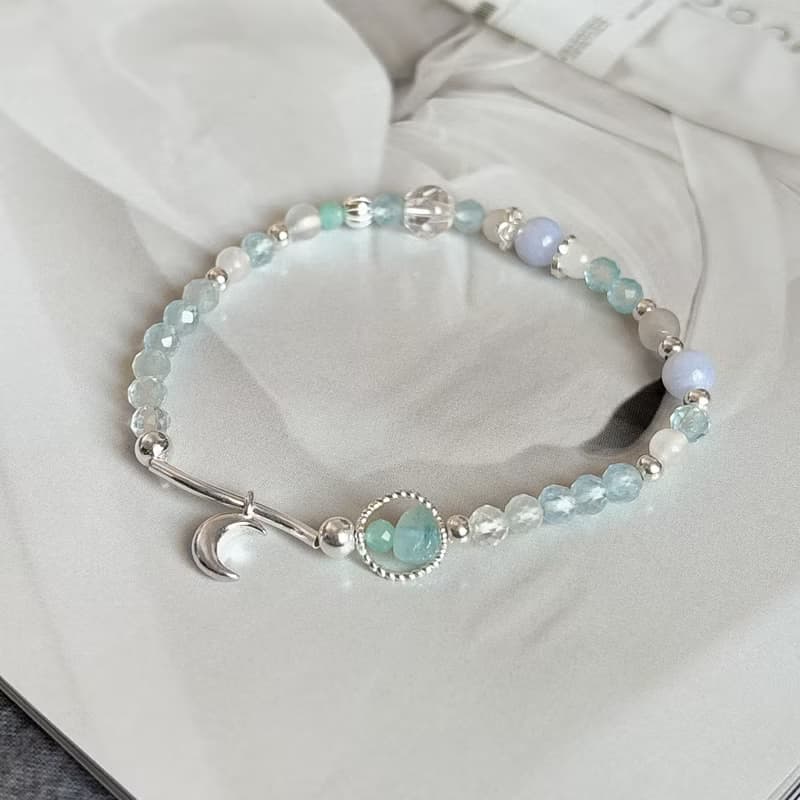 - 月之戀人 -純銀天然水晶手鍊 淡藍系 海藍寶 藍紋瑪瑙 藍托帕石