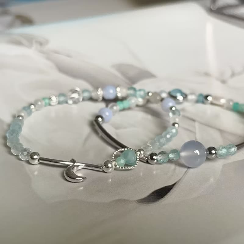 - 月之戀人 -純銀天然水晶手鍊 淡藍系 海藍寶 藍紋瑪瑙 藍托帕石