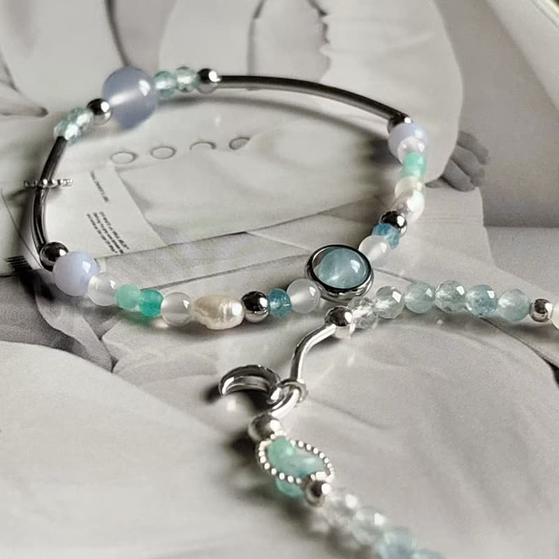 - 月之戀人 -純銀天然水晶手鍊 淡藍系 海藍寶 藍紋瑪瑙 藍托帕石
