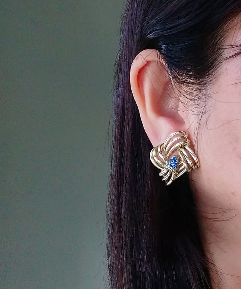 vintage jewelry  古董簍空四環萊茵夾式耳環