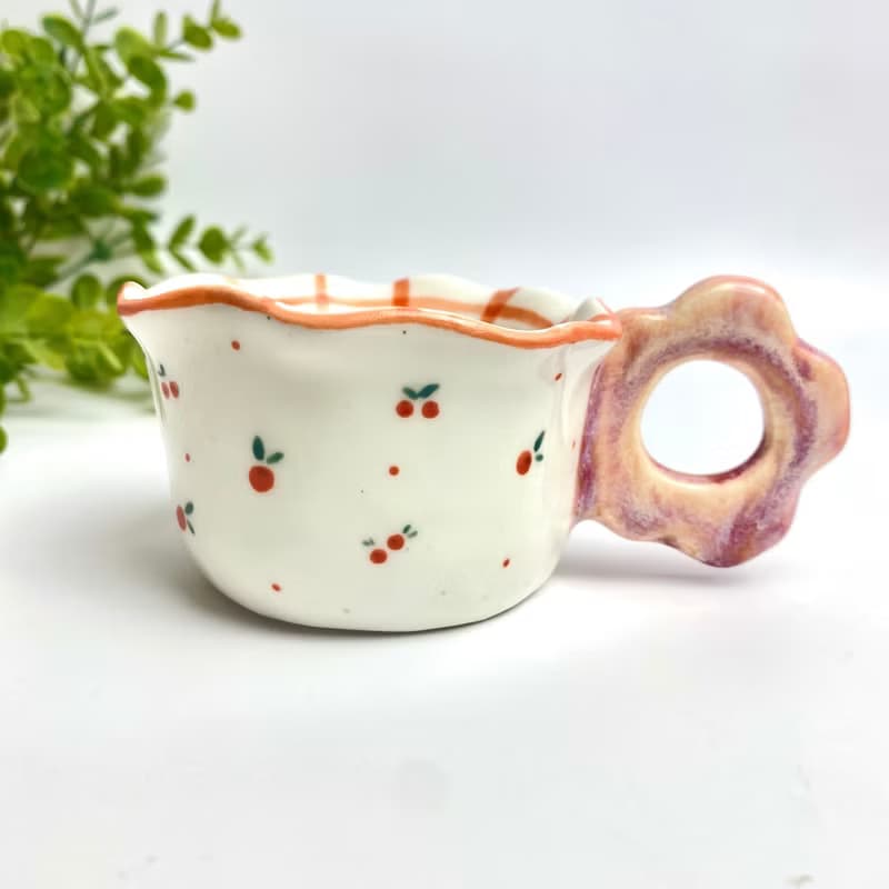 Lovely handmade white ceramic mug with red checkered pattern