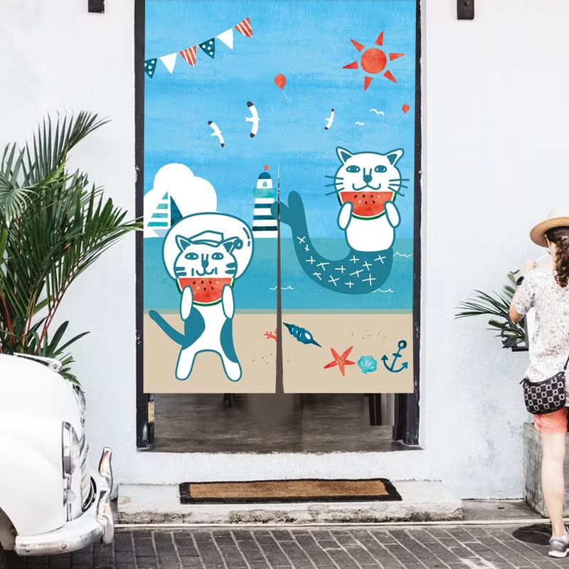貓 門簾 海邊吃西瓜