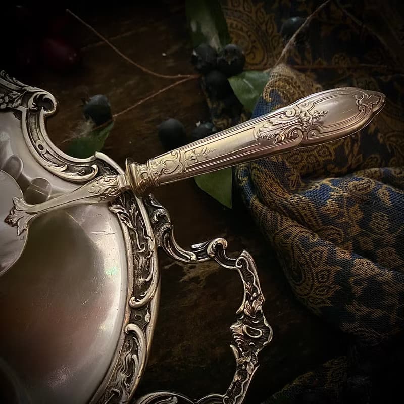 法國路易十六風格 大型純銀柄鍍銀面 食物分食鏟/有原盒裝