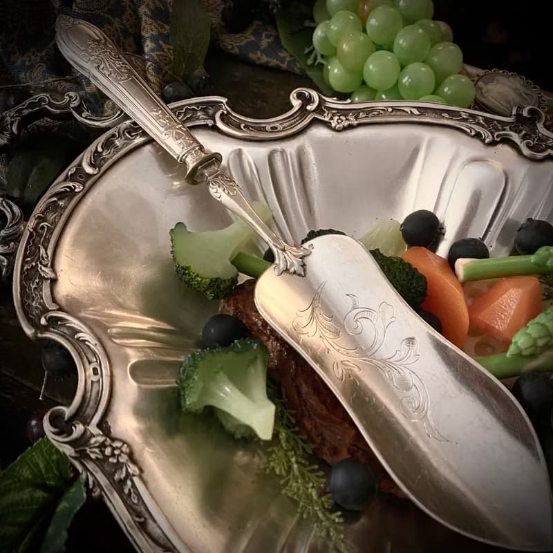 法國路易十六風格 大型純銀柄鍍銀面 食物分食鏟/有原盒裝