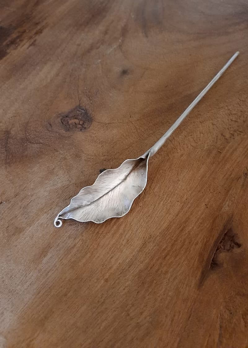 茶撥/葉子髮簪/ 純銀茶席道具/純銀髮簪