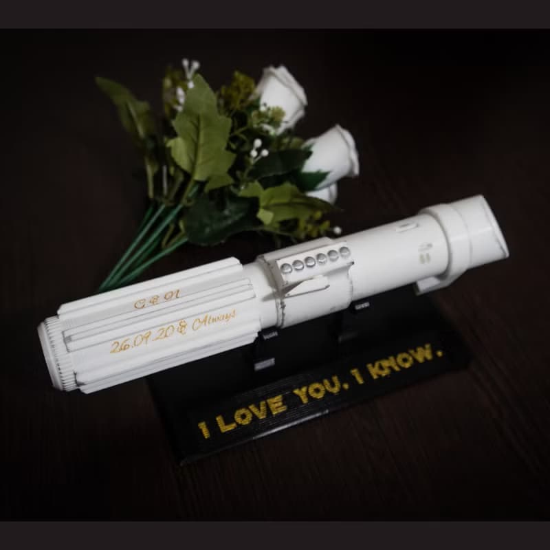 Wedding bouquet holder inspired by Darth Vader's lightsaber hilt