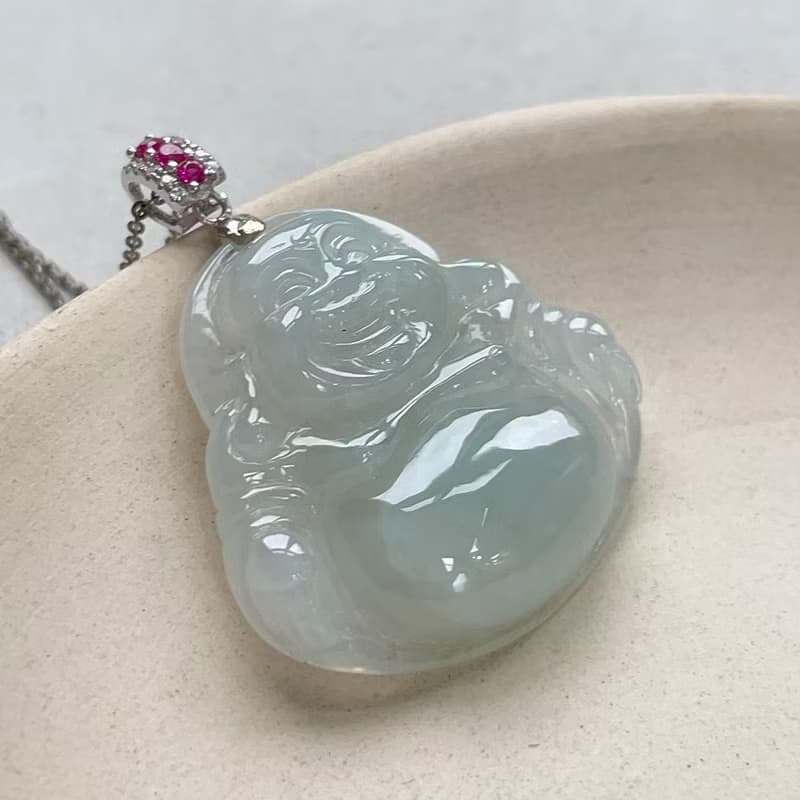 冰糯翡翠彌勒佛925純銀鑲嵌項鍊 | 天然緬甸玉翡翠A貨