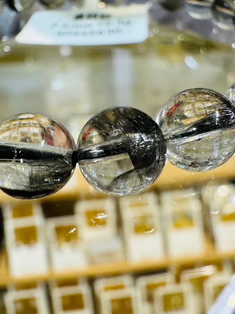 天然玻璃透厚絲羽毛黑銀鈦7.5mm15.3g手珠主招財納寶驅邪避煞防小