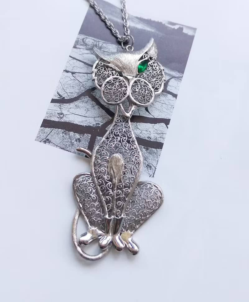 【西洋古董飾品 】銀色 簍空 眨眼生動 大貓 項鍊 大墜項鍊