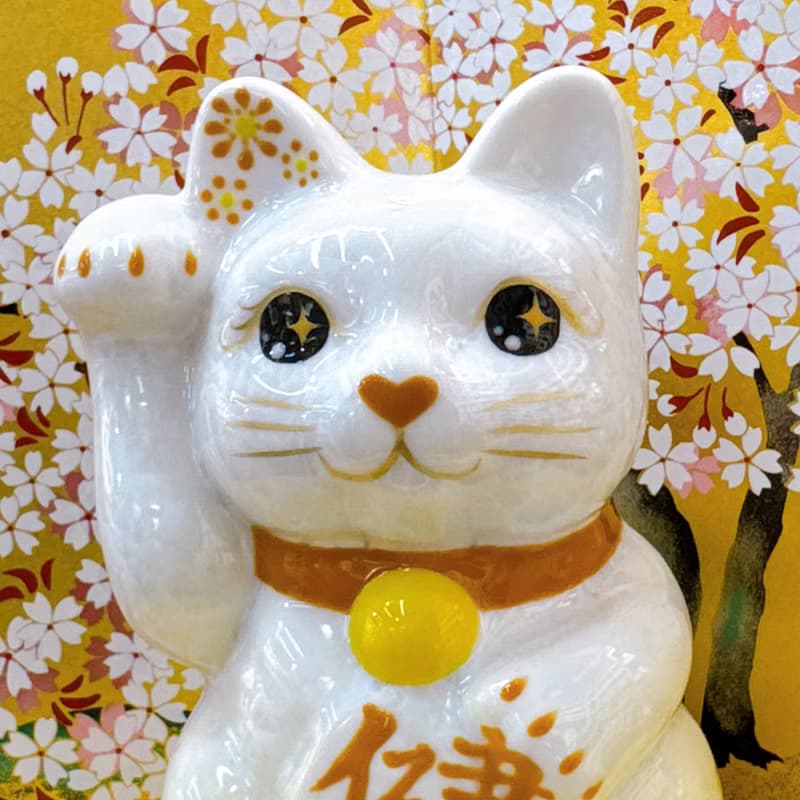 【黃瑞納壽】日本清水燒招財貓 | 花結晶 黃白 - 健康 右