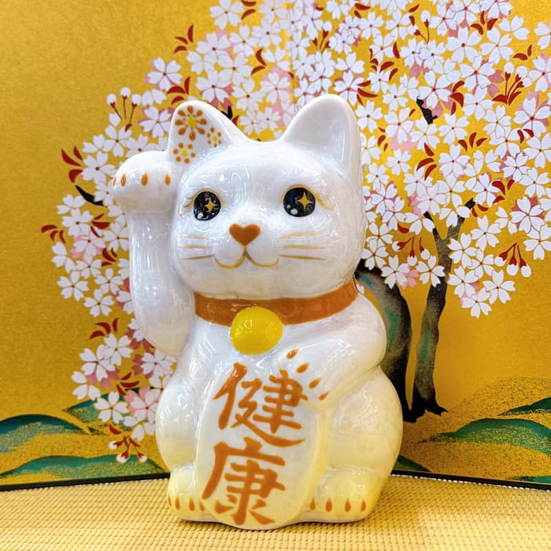【黃瑞納壽】日本清水燒招財貓 | 花結晶 黃白 - 健康 右