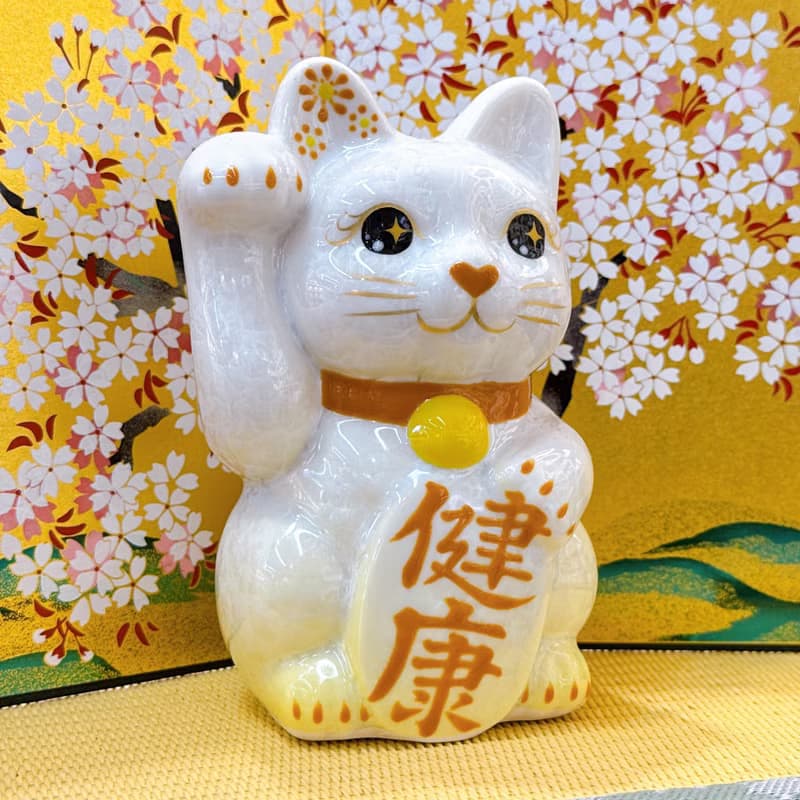 【黃瑞納壽】日本清水燒招財貓 | 花結晶 黃白 - 健康 右