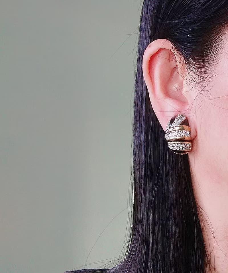 vintage jewelry  黑琺瑯滿星萊茵鑽 夾式耳環