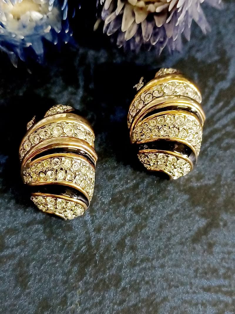 vintage jewelry  黑琺瑯滿星萊茵鑽 夾式耳環