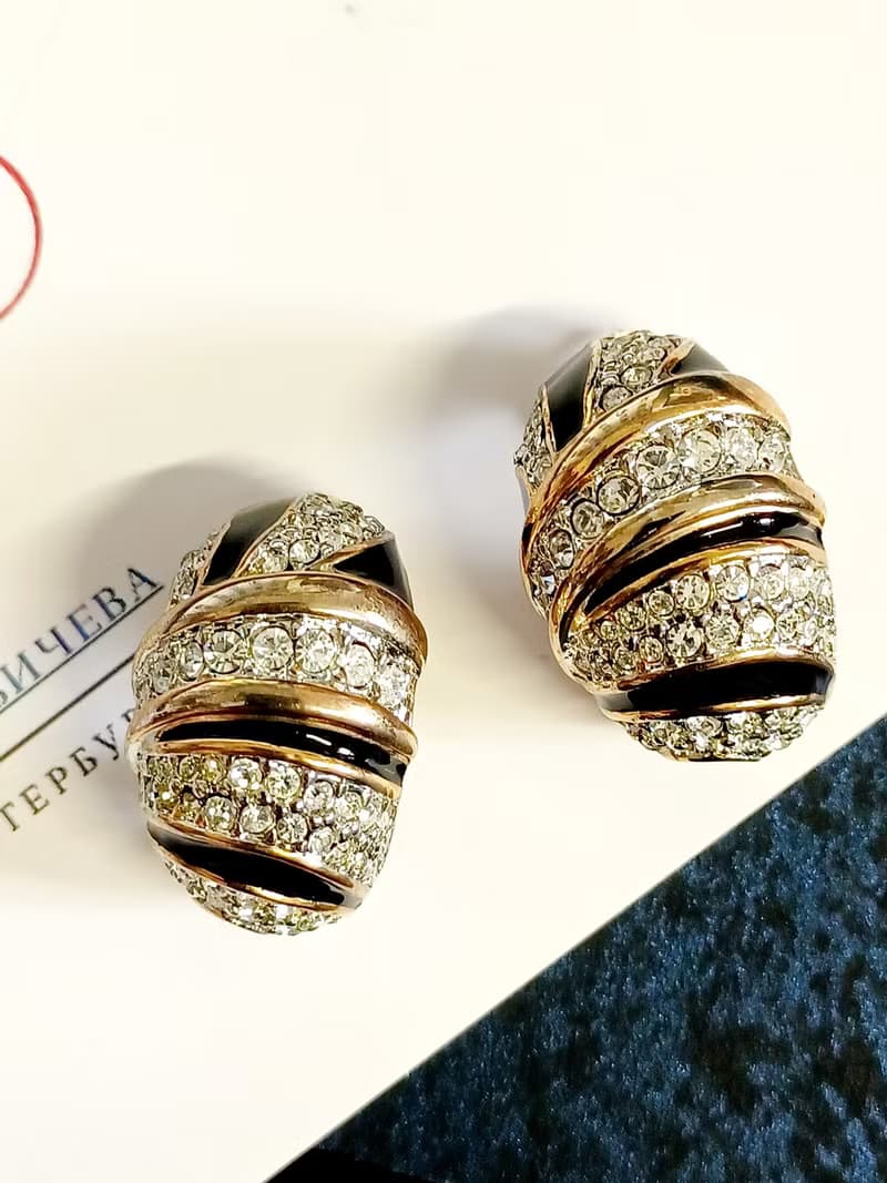 vintage jewelry  黑琺瑯滿星萊茵鑽 夾式耳環