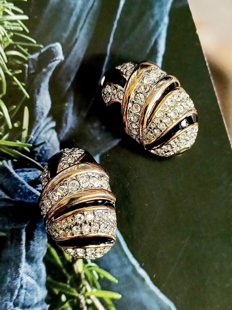 vintage jewelry  黑琺瑯滿星萊茵鑽 夾式耳環