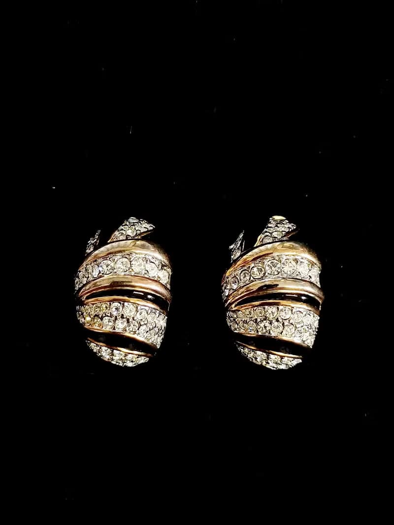 vintage jewelry  黑琺瑯滿星萊茵鑽 夾式耳環