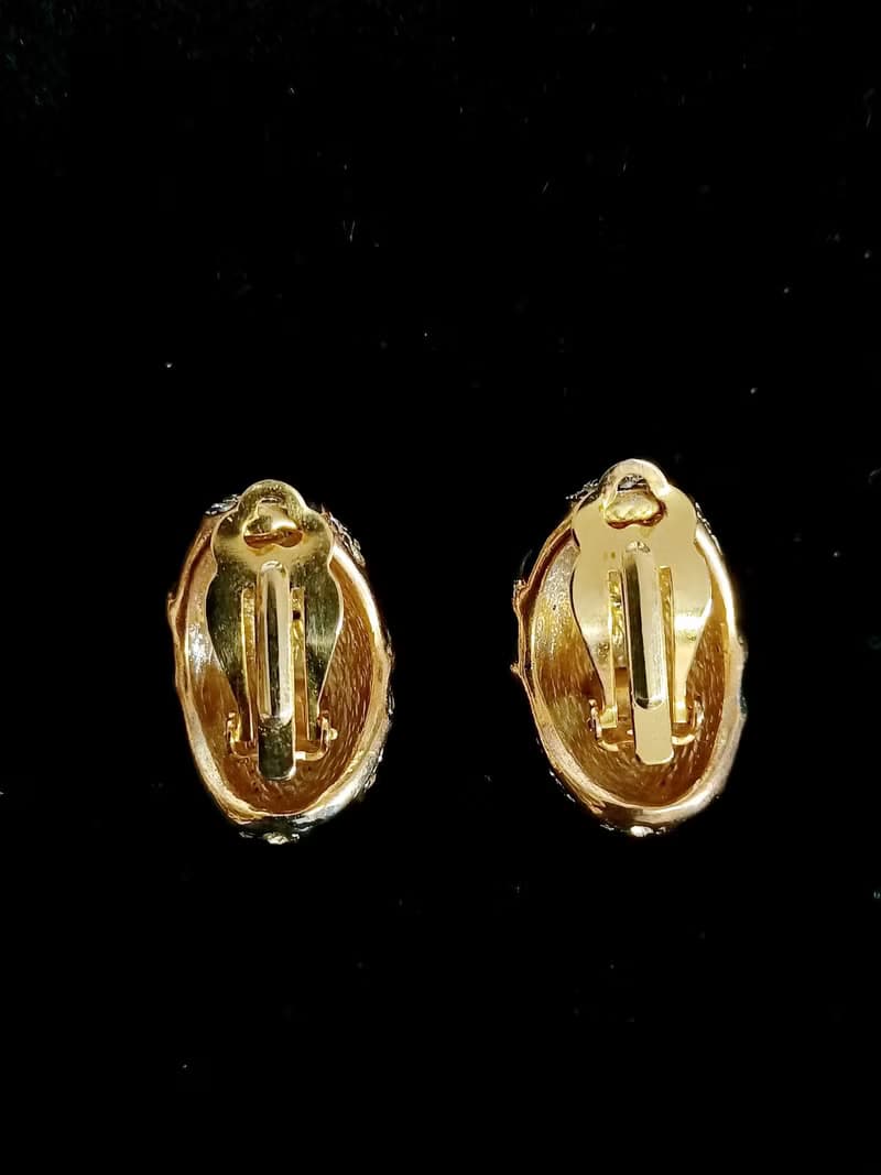 vintage jewelry  黑琺瑯滿星萊茵鑽 夾式耳環