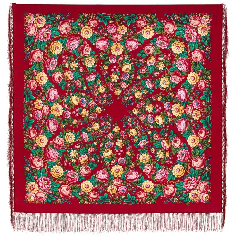 Pavlovo Posad Russian Shawl 100% Wool Scarf 125x125 cm Wrap Silk Fringe 1944-5