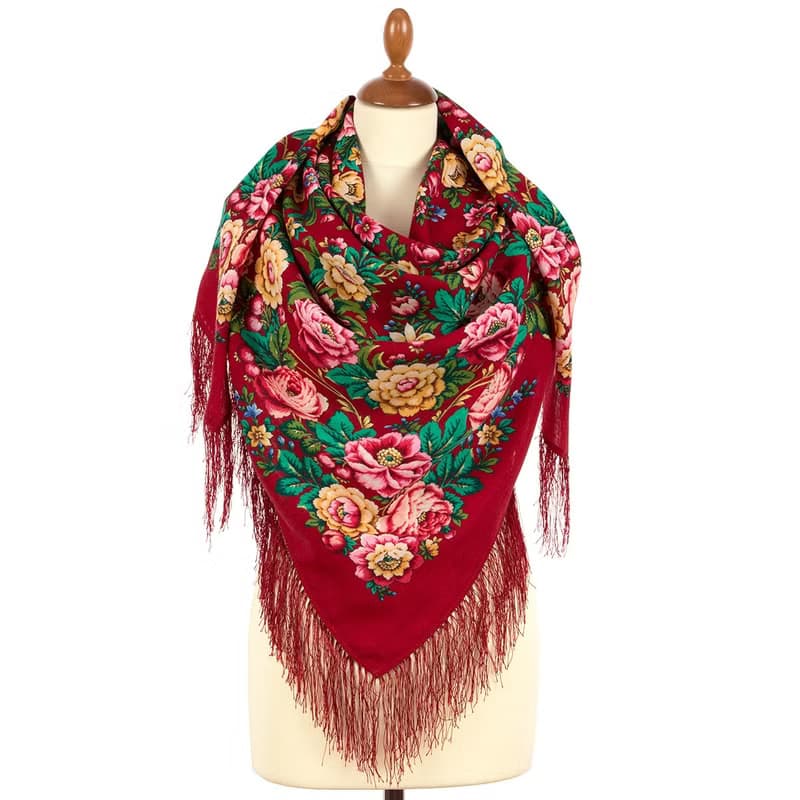 Pavlovo Posad Russian Shawl 100% Wool Scarf 125x125 cm Wrap Silk Fringe 1944-5