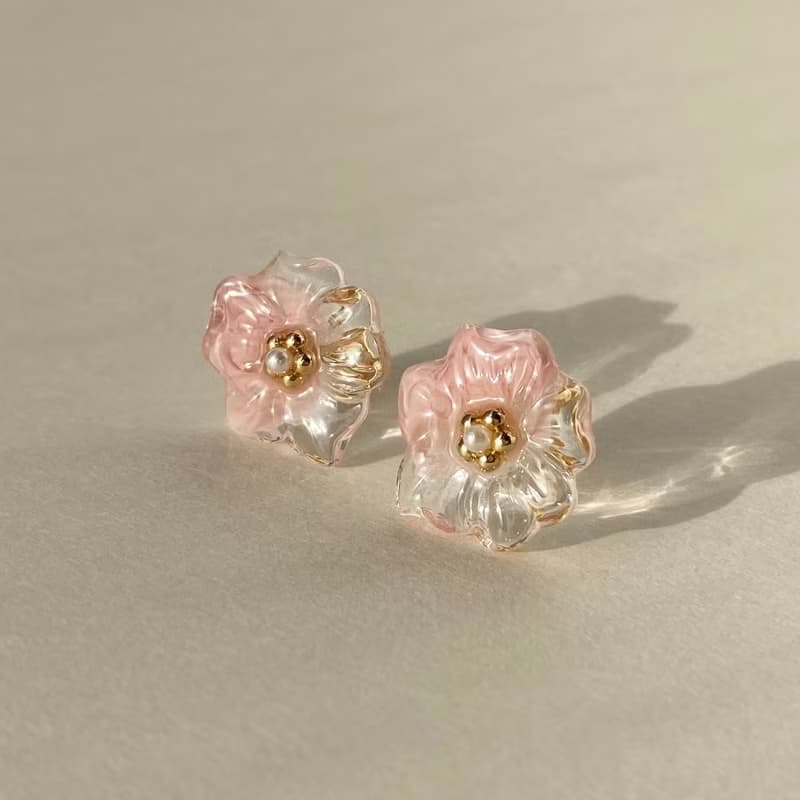 マーブルフラワーパールピアス/イヤリング(ピンク)