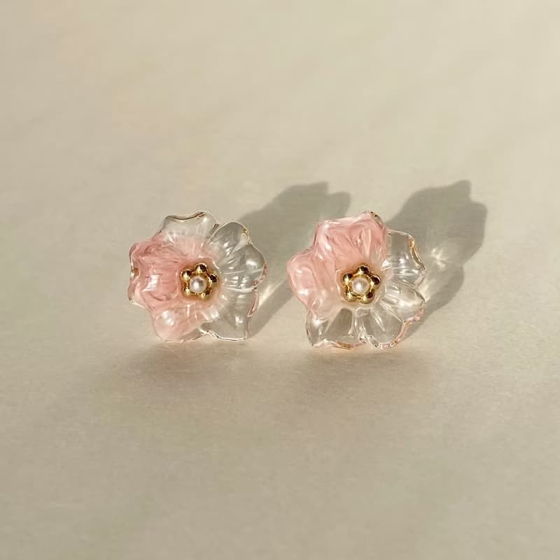 マーブルフラワーパールピアス/イヤリング(ピンク)