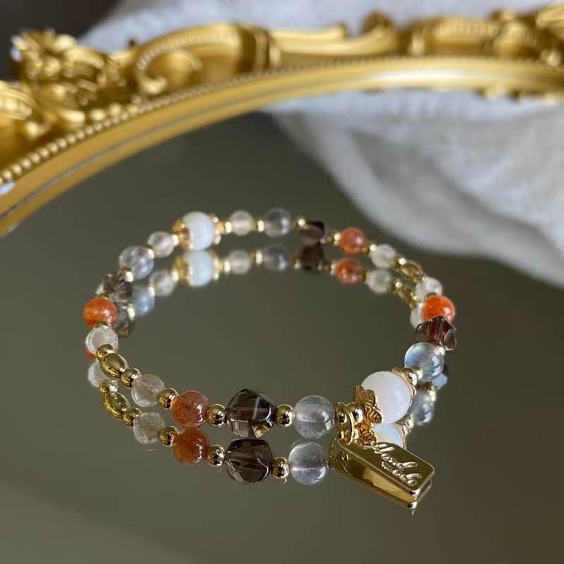 //雅典學院//月光石x拉長石x阿魯沙x 鈦金 x茶晶-天然水晶手鍊串