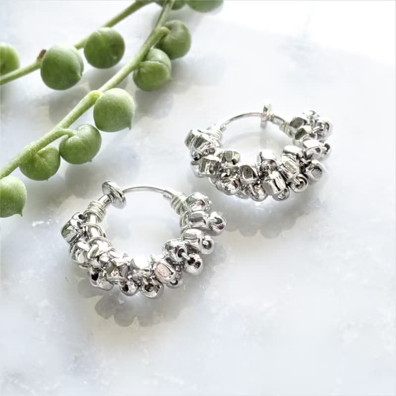 SILVER square metal wrapped hoop clip on earrings 可変耳針式